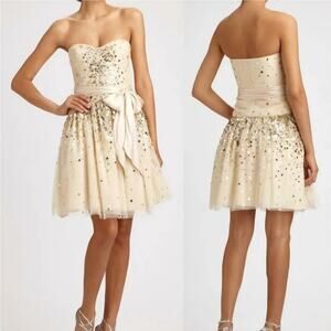 NWT $500 BCBG Maxazria Strapless Sequin Dress, Size 10, Vanilla w/ Gold/Silver